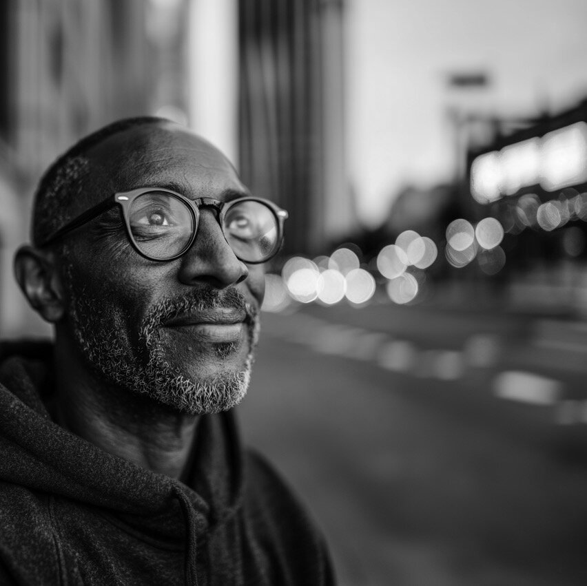 Homme à lunettes rondes, ville au crépuscule