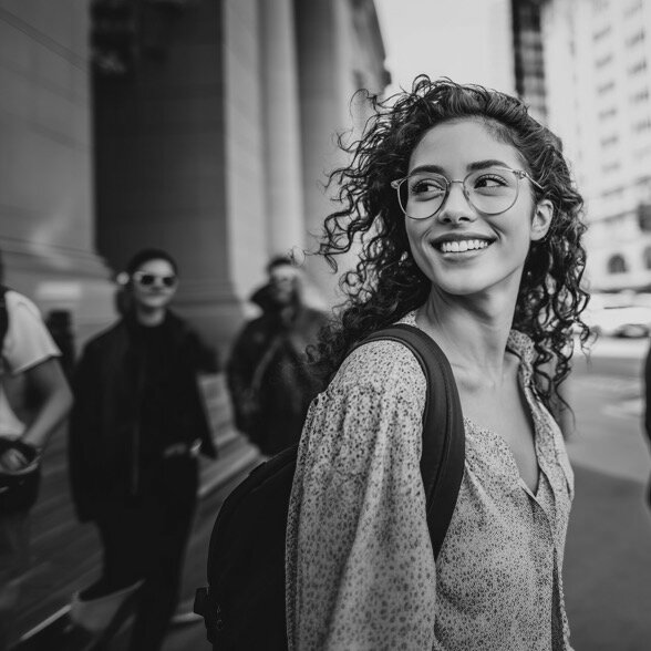 Jeune femme à lunettes en ville