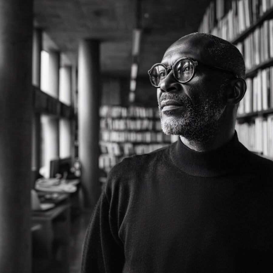 Homme à lunettes lisant dans une bibliothèque