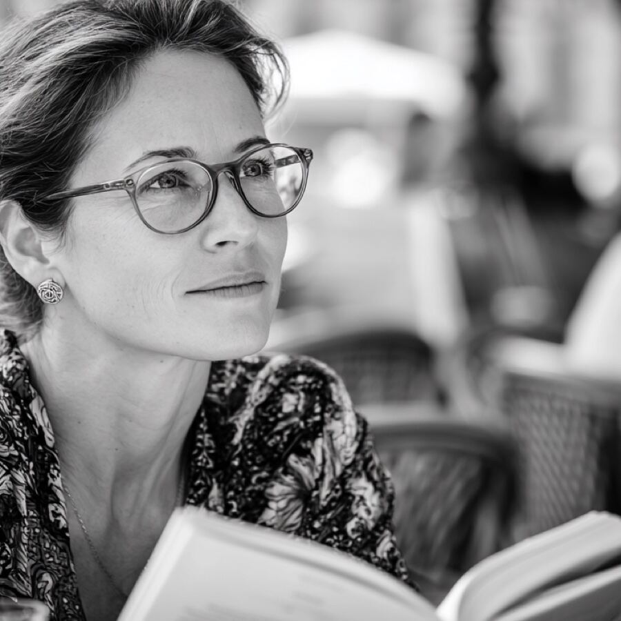 Femme à lunettes lisant en terrasse